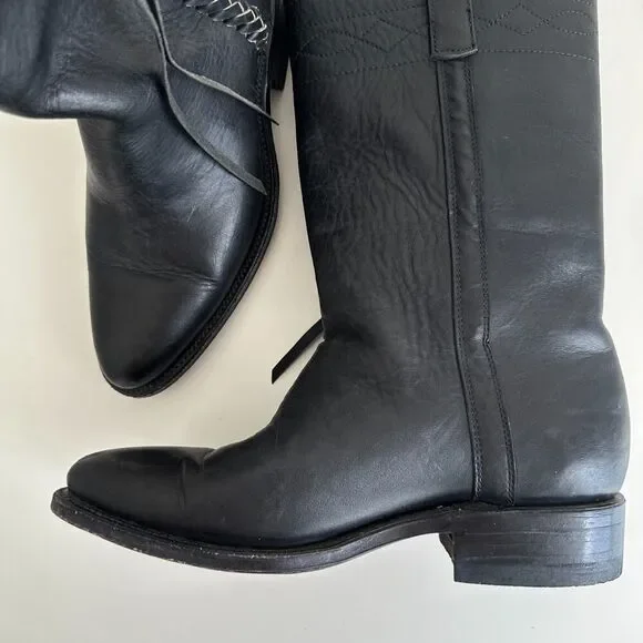 German Botas Leather Boots Size 25 Black Braided Fringe Riding Marching Stitch